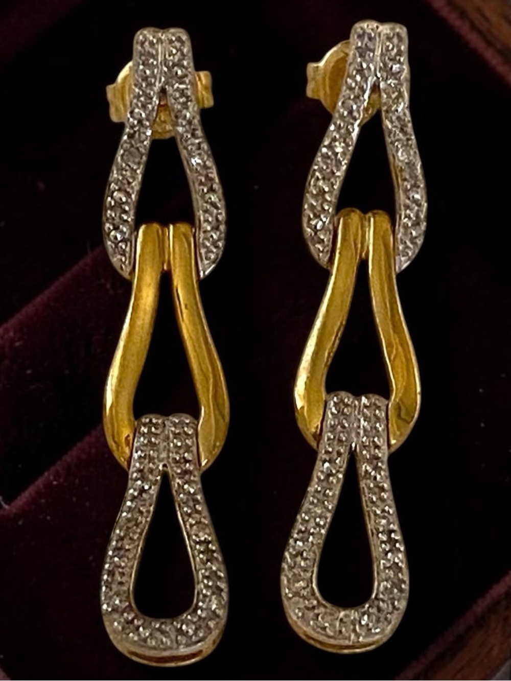 Estate 14K Two Tone Gold Pave Diamond 1 3/8” Dangle Teardrop Link Earrings!